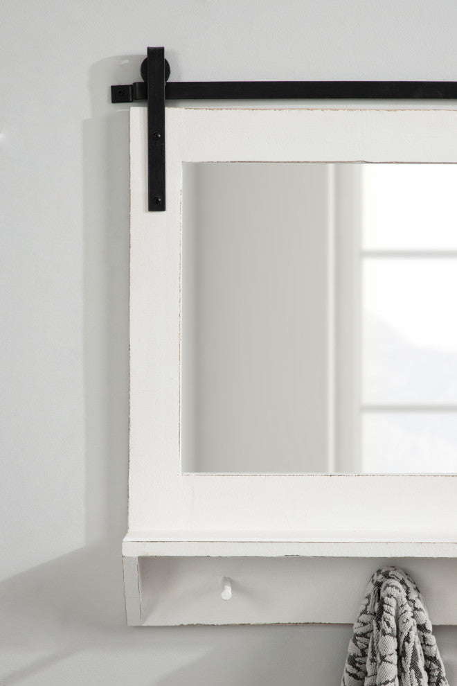 Cates Framed Wall Mirror with Shelf and Hooks, White 42x27
