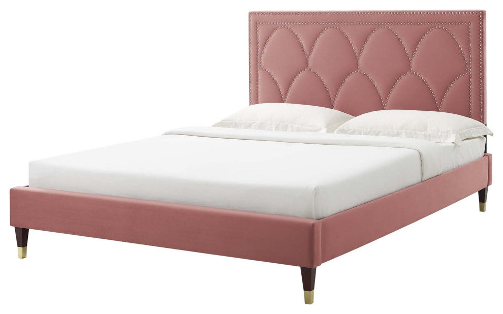 Platform Bed Frame, Nailhead, Queen Size, Pink, Velvet, Modern, Guest Suite