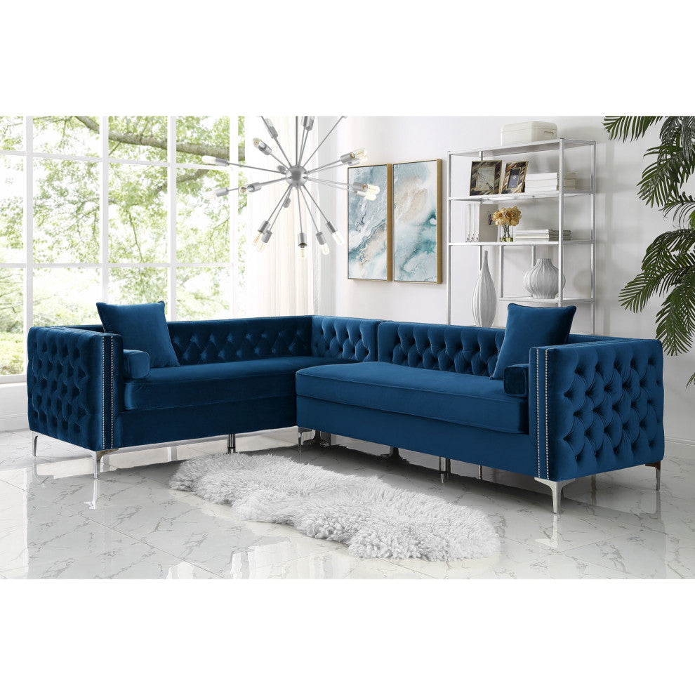 Jeannie 120" Velvet Corner Sectional Sofa, Navy, Left Facing