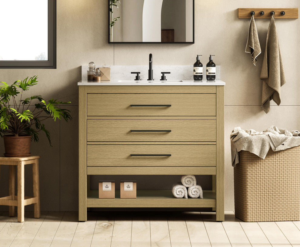 Home Living 36" Single Bathroom Vanity, Honey Brown With Backsplash
