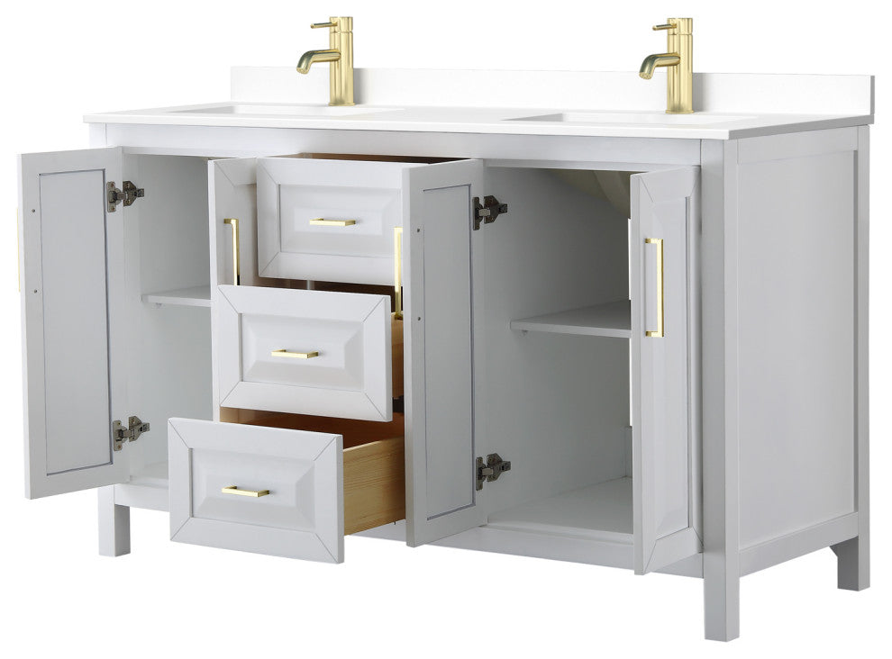 60"DBL Bath Vanity, White, White Cult. Marble Countertop, Sinks, Gold Trim