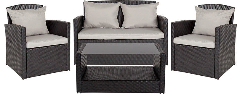 Aransas Series 4-Piece Black Patio Set With Gray Back Pillows and Seat Cushions