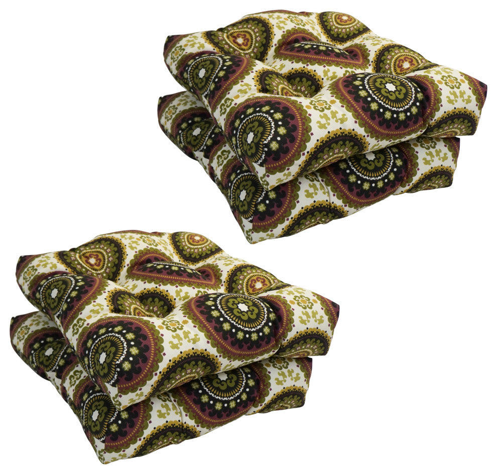 16" Polyester Outdoor Square Tufted Chair Cushions, Set of 4, Earthly Delight