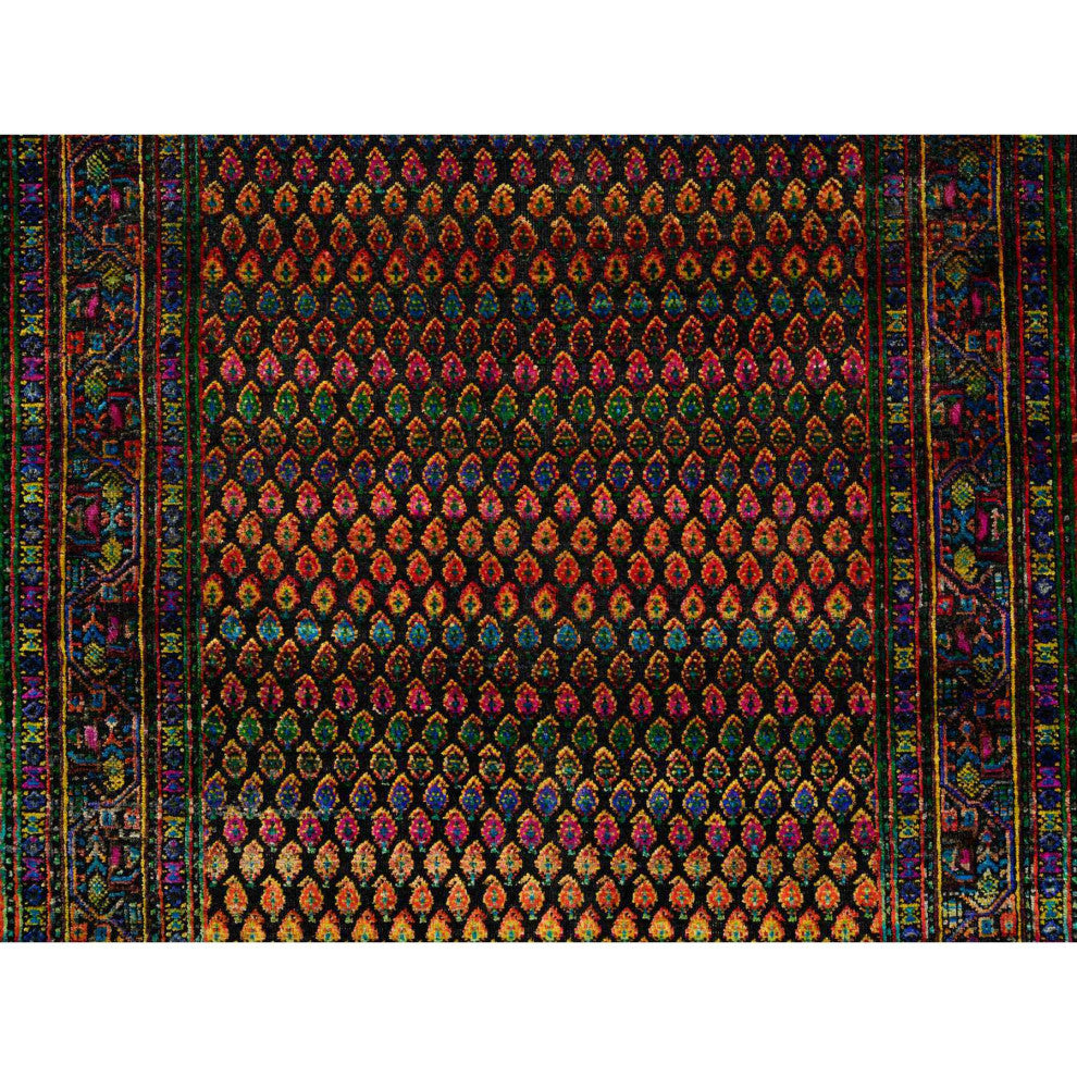 Black, Sarouk Mir Inspired Design, Wool and Silk Hand Knotted Rug, 4'0"x6'0"