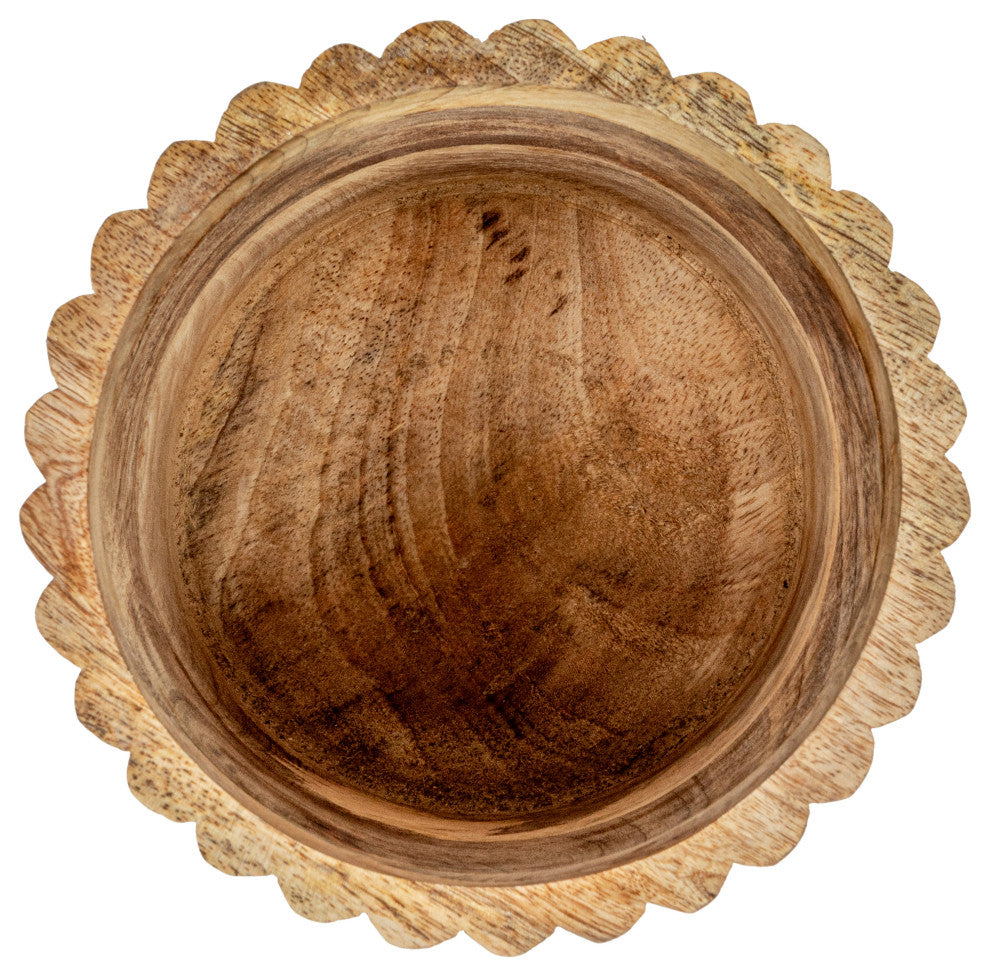 5.75" Round Carved Mango Wood Pleated Box, Lid, Metal Pull, Antique Gold