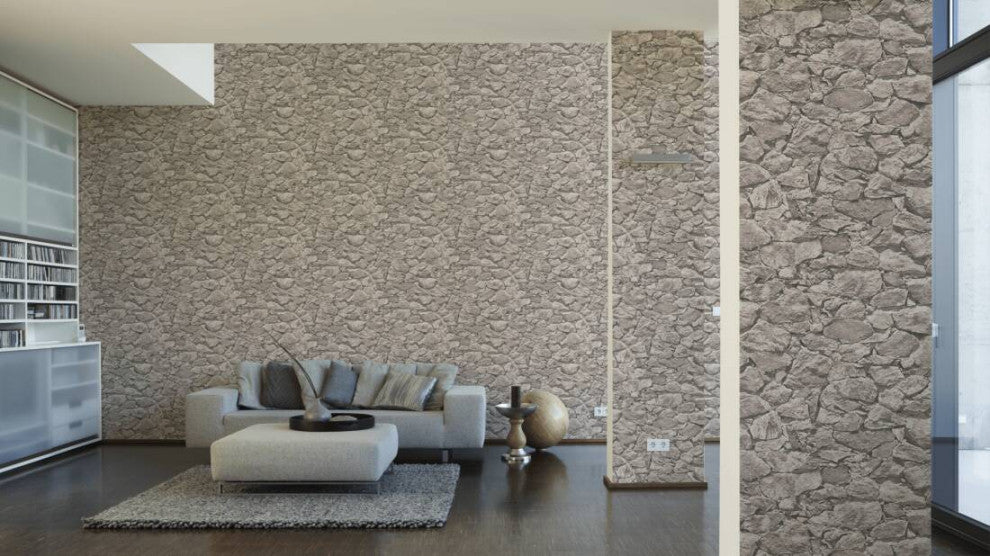 Faux Textured Wallpaper, Stones, Beige Gray, One Roll