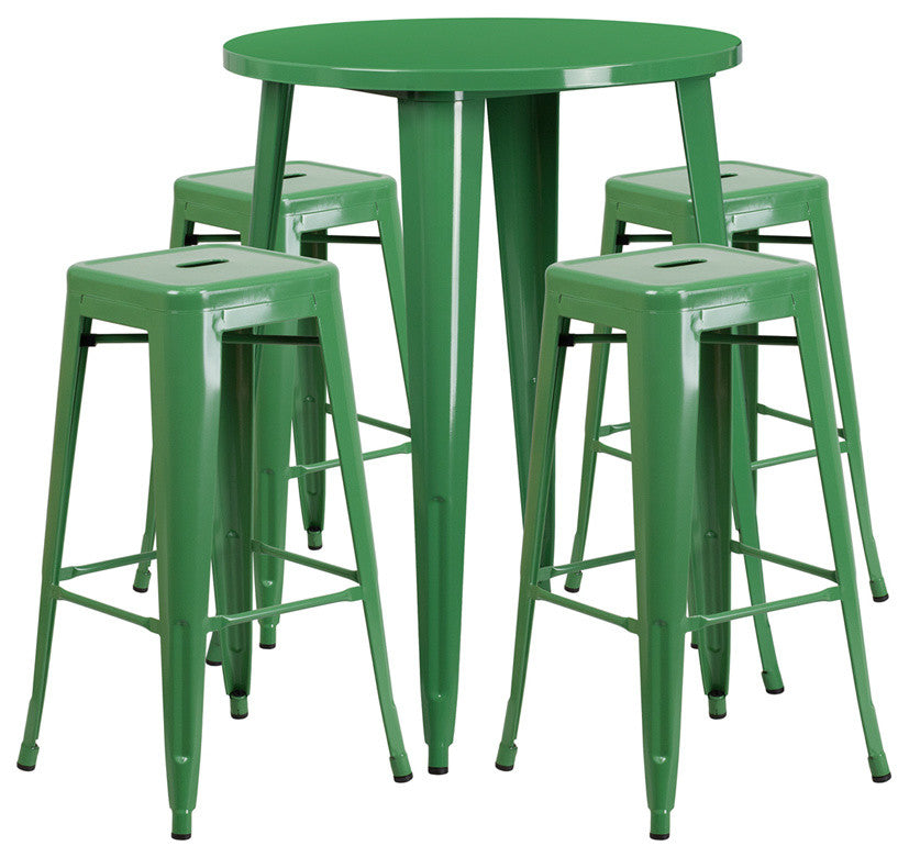 30" Round Green Metal Bar 5-Piece Table Set With 4 Square Seat Backless Stools