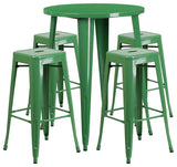 30" Round Green Metal Bar 5-Piece Table Set With 4 Square Seat Backless Stools