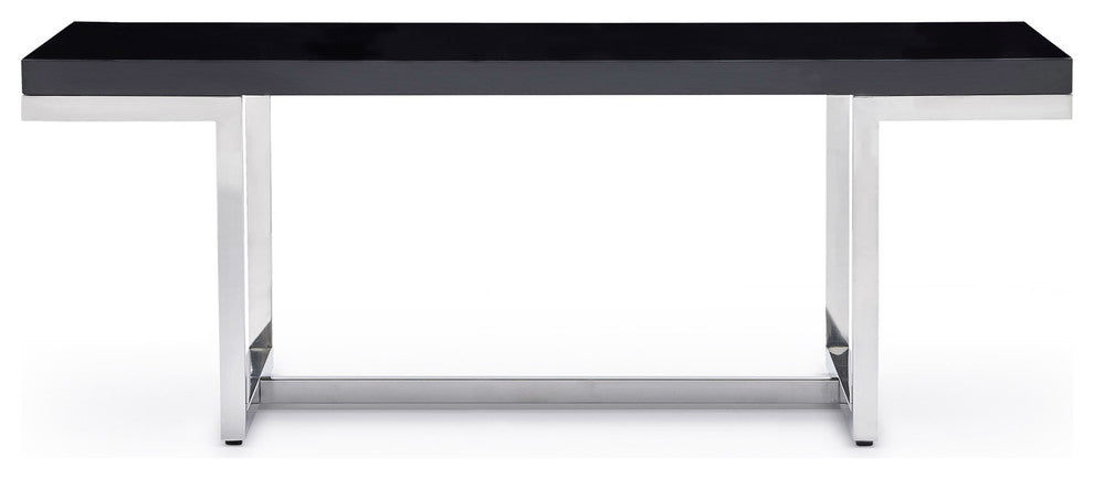 Modern Straz Coffee Table Glossy Black Lacquer Top Polished Stainless-Steel Base