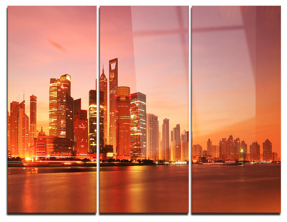"Shanghai Skyline at Dawn" Photo Metal Wall Art, 3 Panels, 36"x28"