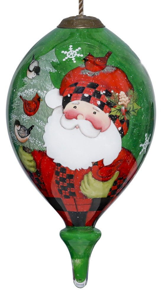 Plaid Santa with Cardinals Hand Painted Mouth Blown Glass Ornament