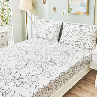 Tache Modern Leaf Foliage Abstract White Grey Black Bottom Fitted Sheet, Cal Kin