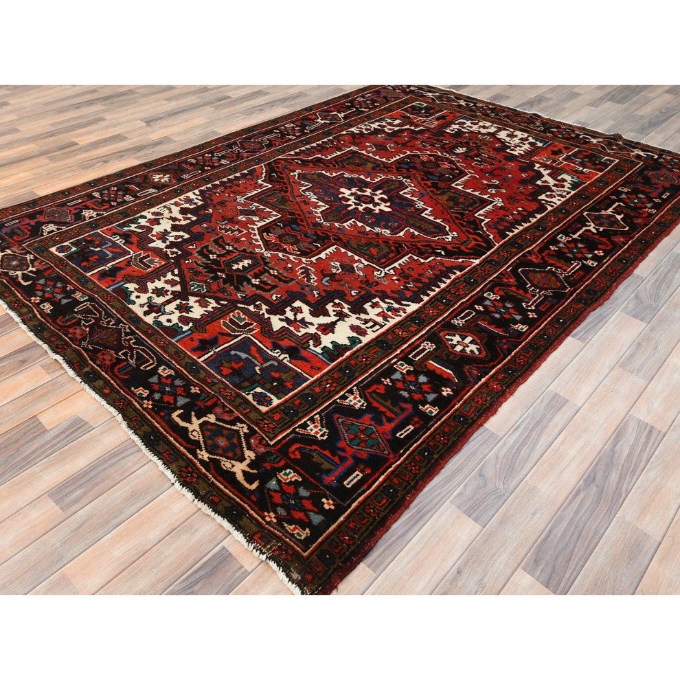 Tomato Red Vintage Zorostrian Heris Hand Knotted Worn Wool Rug, 6'8"x9'3"