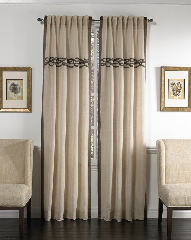Linen Curtain Panel With Hand Embroidered Sequins, Wheat and Silver, 54"x120"