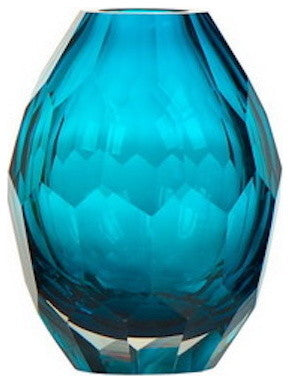 Diamond Solid Color Hand Blown Art Glass Vase, Gift Box, Blue