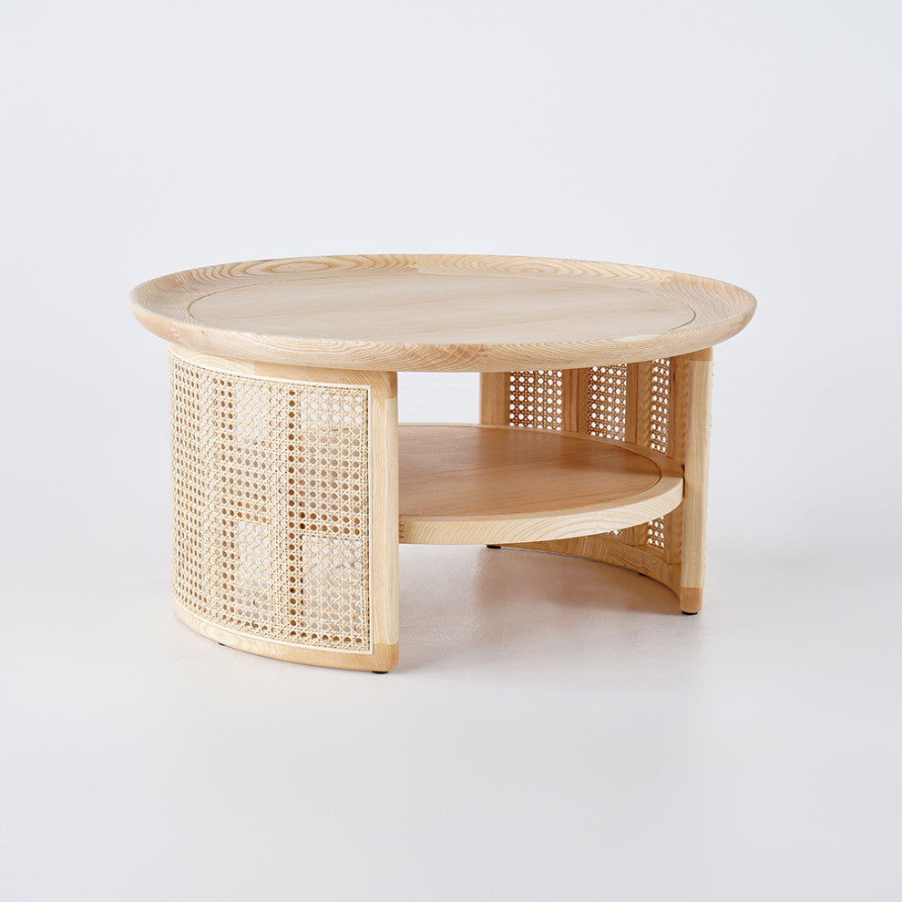 2-Tiered Japandi Round Wood Coffee Table With Rattan Base