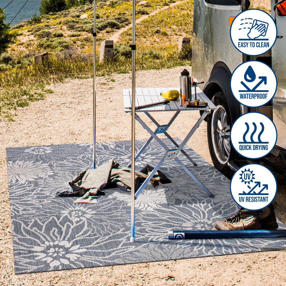 Bahamas Modern All-Over Floral Indoor/Outdoor Area Rug, Navy/Gray, 2x8