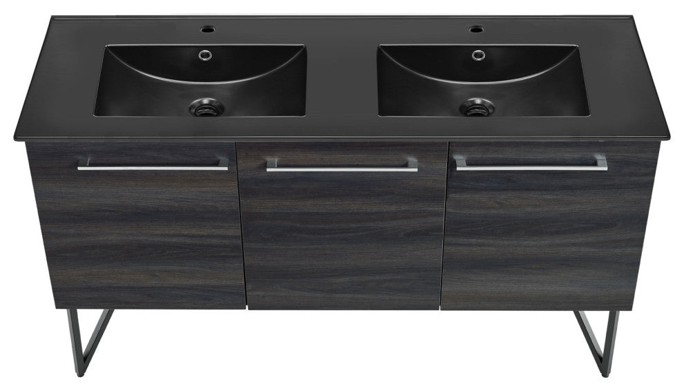 Annecy 60" Black Walnut, Double Basin Bathroom Vanity With Black Sink Top