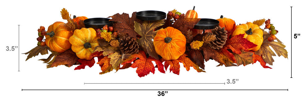36" Autumn Maple Leaves, Pumpkin and Berries Harvest Candelabrum Arrangement