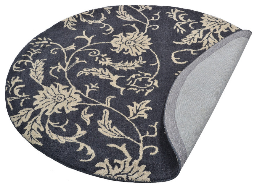 HAND TUFTED WOOL ECO-FRIENDLY AREA RUGS - Round,Charcoal Beige,Floral