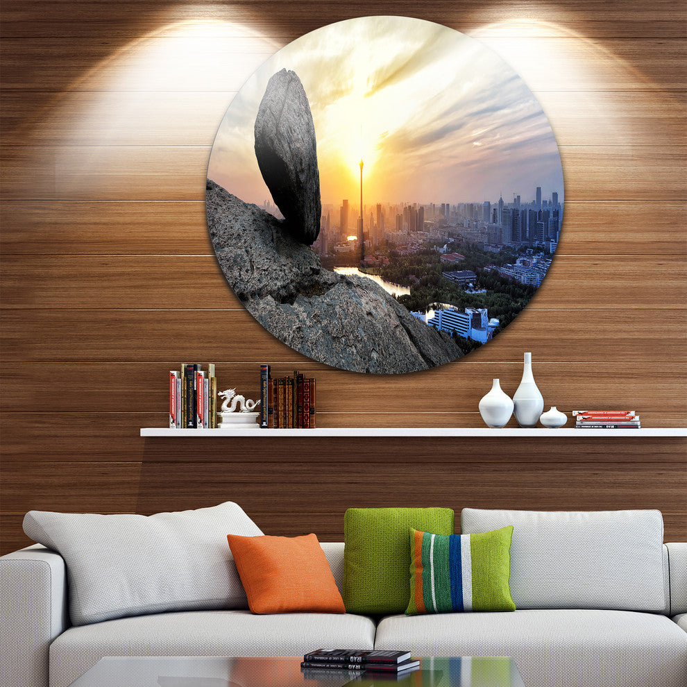 Buildings And Crag On Rock Panorama, Landscape Round Wall Art, 11"
