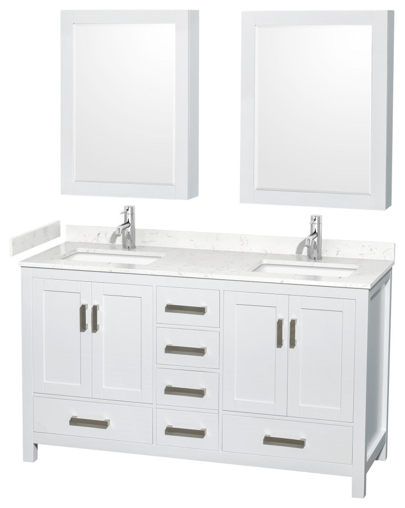60"DBL Vanity White, Carrara Cult. Marble Countertop, Sinks, Med. Cabinets