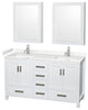 60"DBL Vanity White, Carrara Cult. Marble Countertop, Sinks, Med. Cabinets