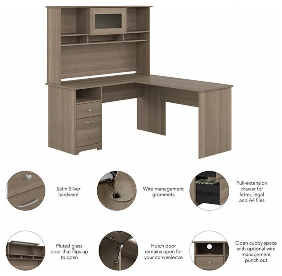 Cabot 60W L Shaped Computer Desk with Hutch in Ash Gray - Engineered Wood