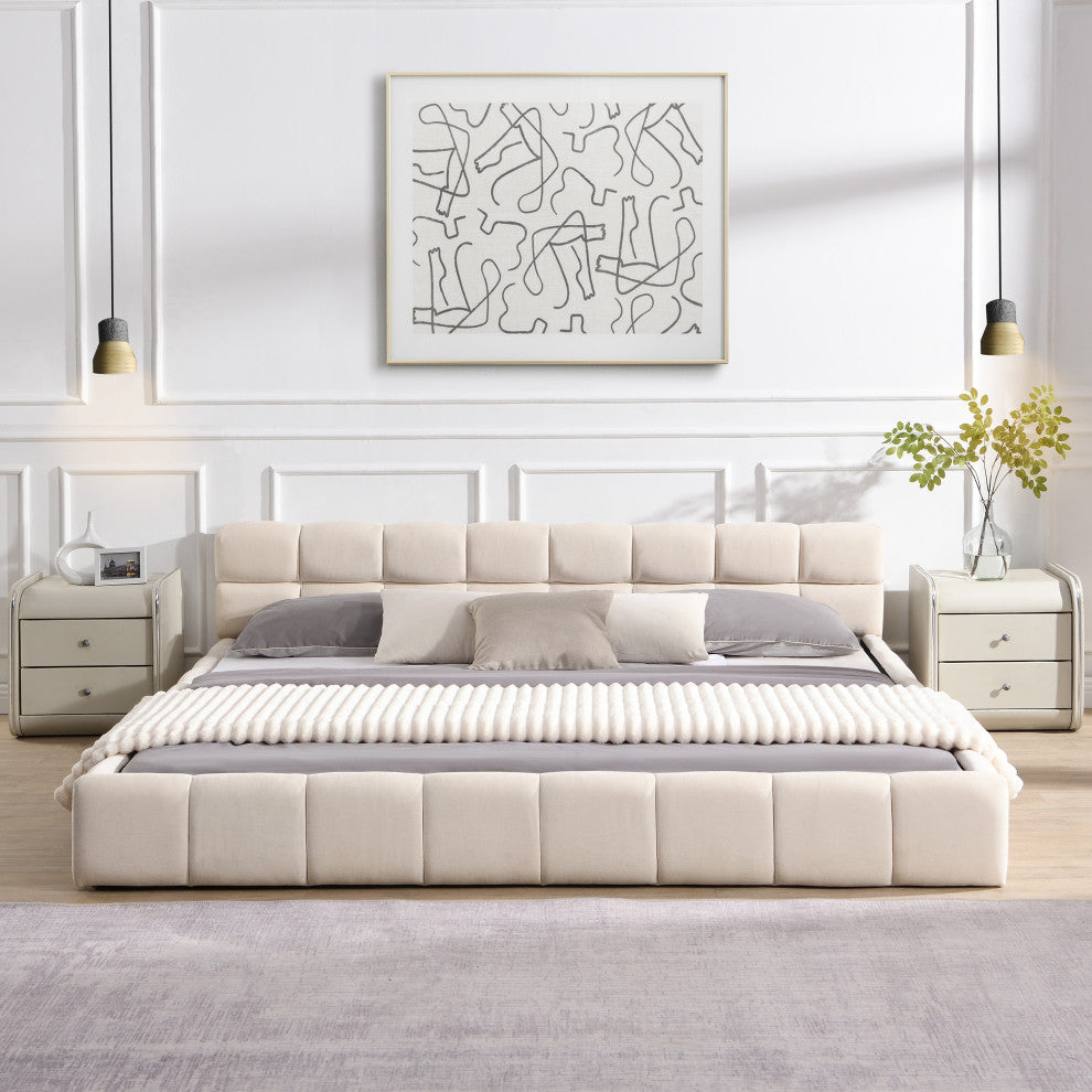 Alice Chenille Upholstered Platform Bed With Checkerboard Design, Beige, King
