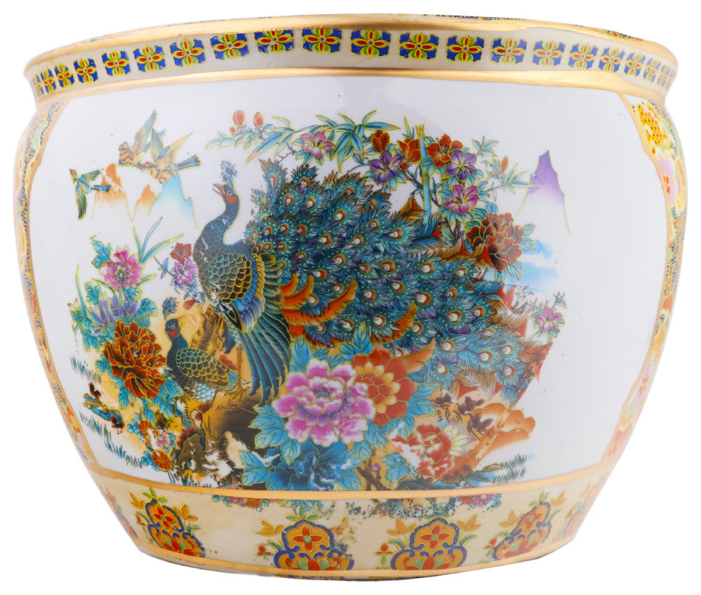 Chinese Porcelain Fish Bowl Planter, Satsuma Peacocks, 14"