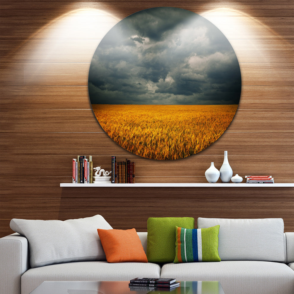 Stormy Clouds Over Wheat Field, Landscape Round Wall Art, 11"