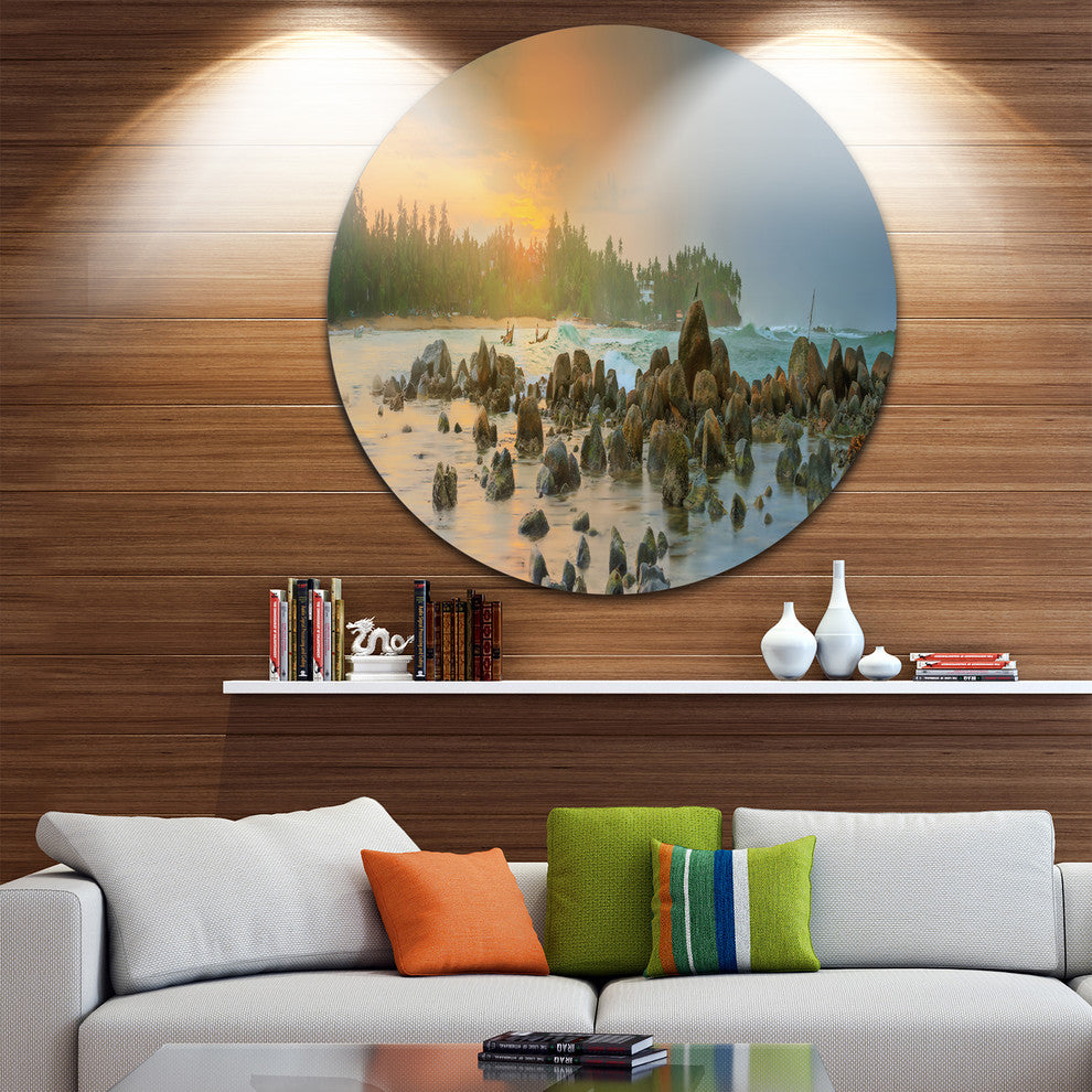 Romantic Untouched Beach Sunset, Landscape Round Metal Wall Art, 23"