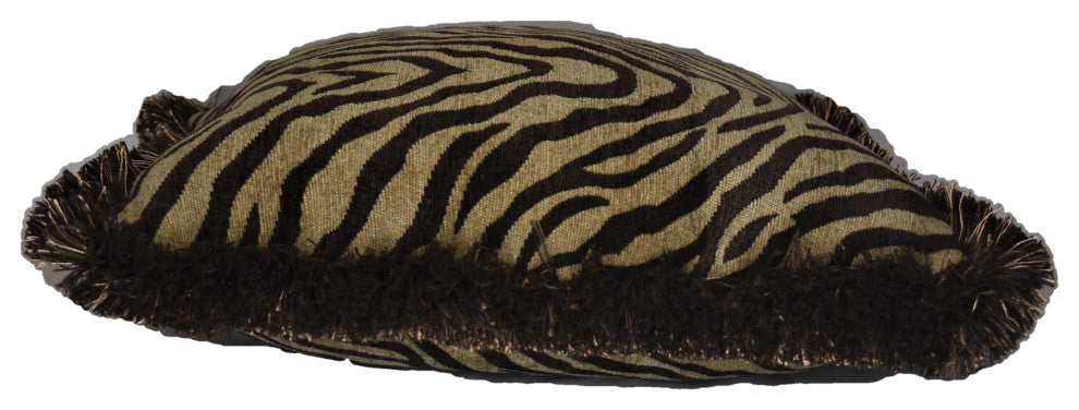 Brown And Gold Woven Chenille Fringed Zebra Throw Pillow, 14x21