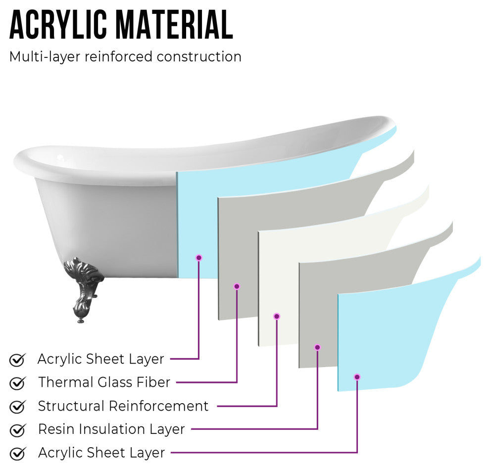 Vanity Art Freestanding Acrylic Soaking Bathtub, 67"x30"x31"