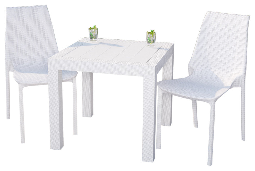 LeisureMod Kent Weave Design 3-Piece Outdoor Patio Dining Set, White