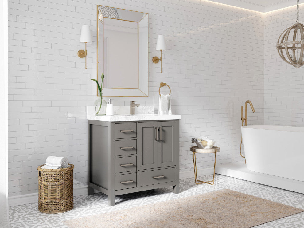 Malibu 36 Right Offset Bath Vanity in Elephant Skin Gray 2" Carrara Quartz
