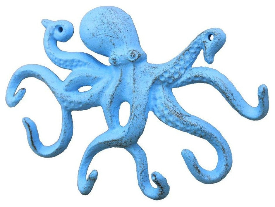 Rustic Light Blue Cast Iron Octopus Hook 11'', Beach Decoration, Vintage Cast