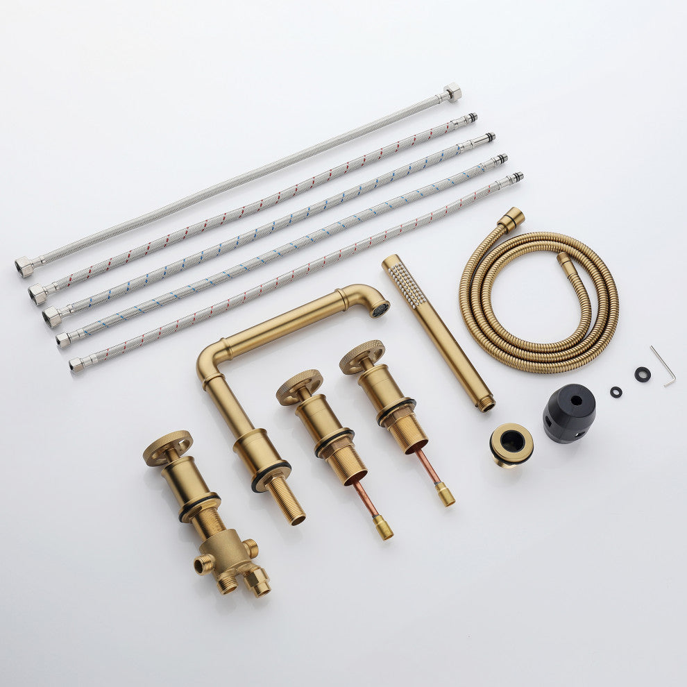 Modern 3-Handle Deck Mounted Roman Tub Faucet With Handshower, Brushed Gold