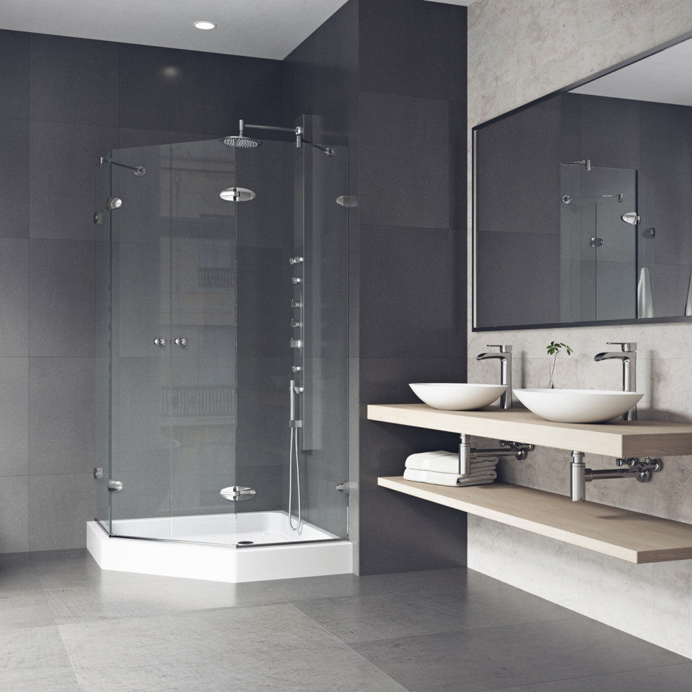 VIGO Gemini Frameless Hinged Neo-Angle Shower Enclosure, Chrome, 48" D X 47" W, High Base