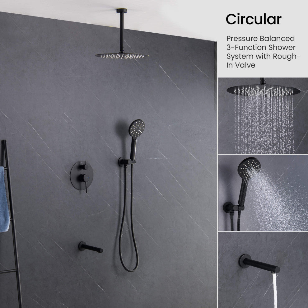 Ceiling Mounted 3-Function Shower System, Rough, Valve, Matte Black