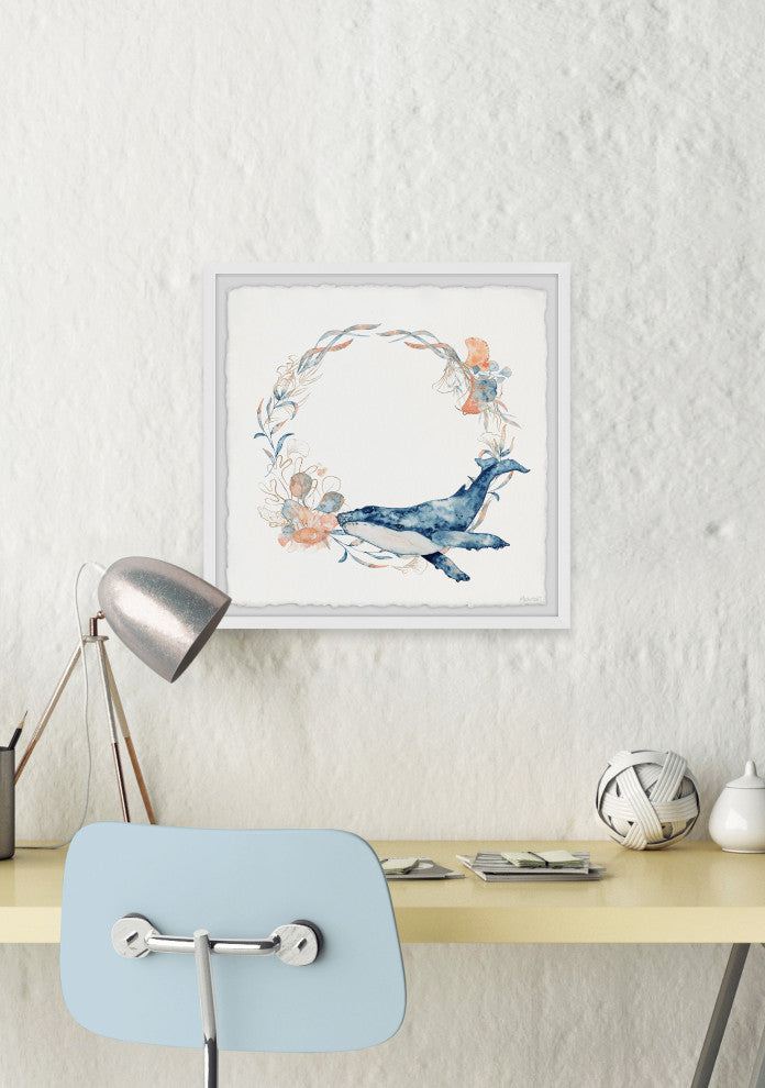 "Flower Crown Whale" Framed Painting Print, 12x12