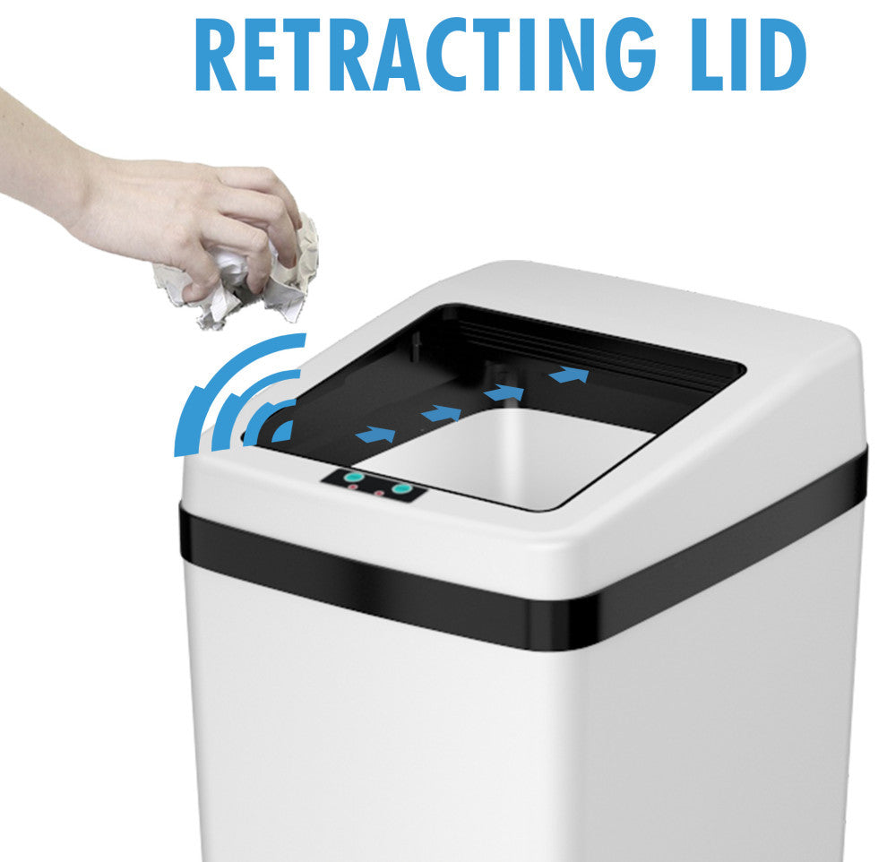 iTouchless 14 Gal Retracting Lid Sensor Trash Can + Odor Filter, White Steel