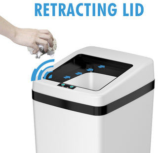 iTouchless 14 Gal Retracting Lid Sensor Trash Can + Odor Filter, White Steel
