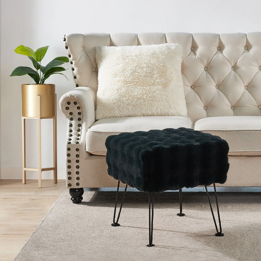 Bubble Square Faux Fur Ottoman Stool, Black, 17''x17''x17''