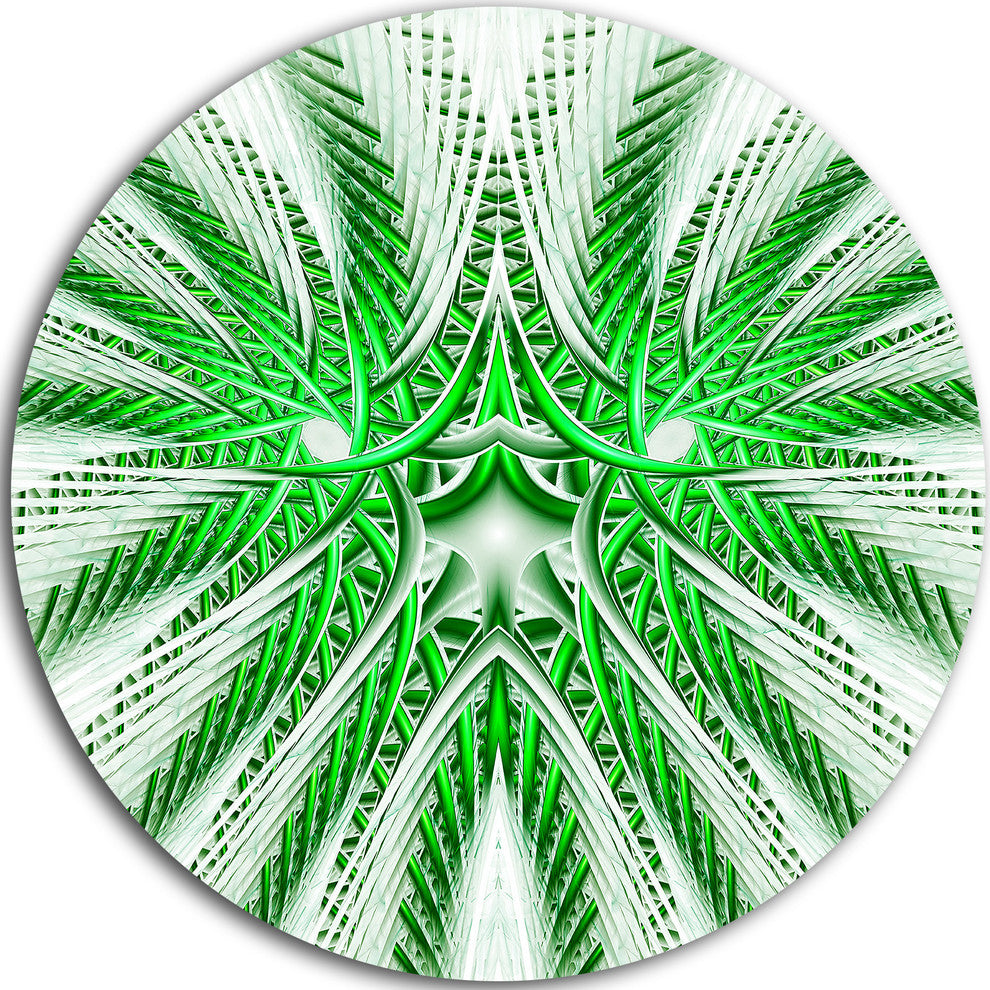 Glowing Green Fractal Flower In White, Abstract Disc Metal Artwork, 23"