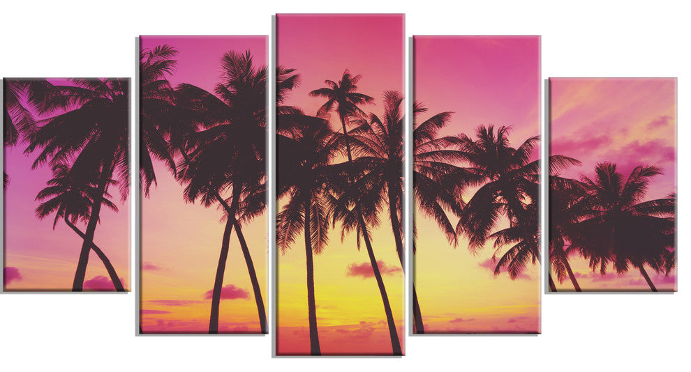 "Row of Beautiful Palms Under Magenta Sky" Wall Art Landscape, 5 Panels, 60"x32"