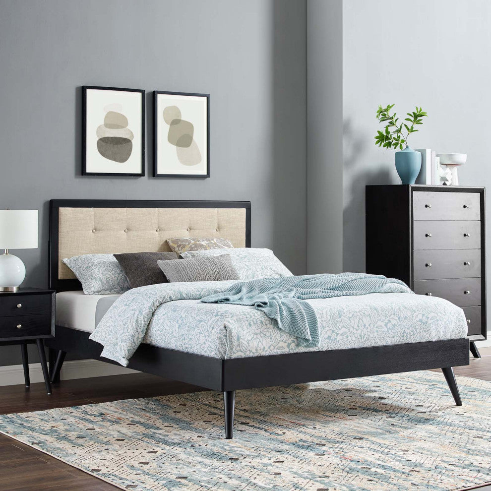 Platform Bed Frame, King Size, Wood, Black Beige, Modern Mid-Century, Bedroom