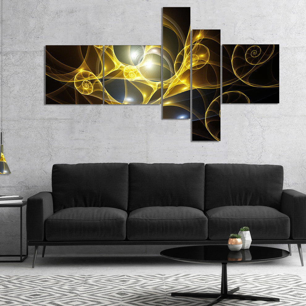 Golden Curly Spiral on Black, Abstract Wall Art Canvas, 60"x32", 5 panels