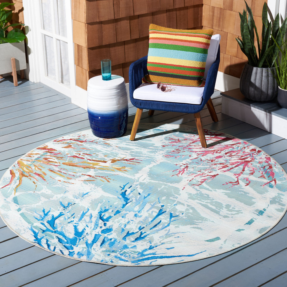 Safavieh Barbados Collection Indoor-Outdoor, BAR525 Rug, Teal/White, 5'3" Round
