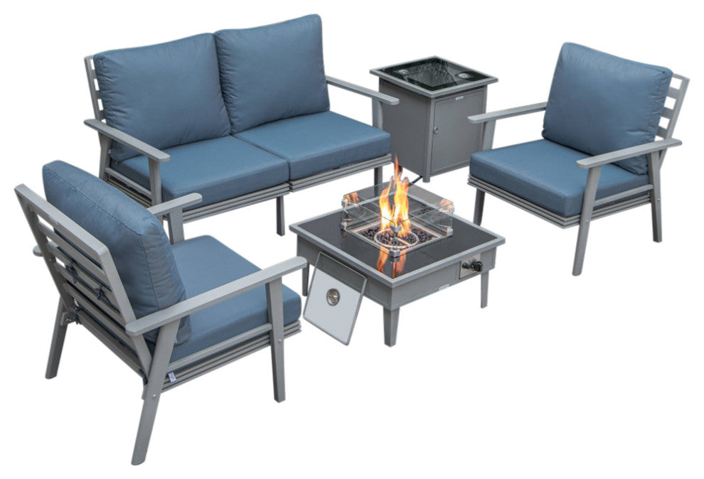 LeisureMod Walbrooke Gray Patio Conversation Set With Fire Pit, Navy Blue